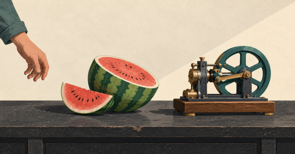 A sliced watermelon beside a completed mechanism as a human hand moves away from the workbench.