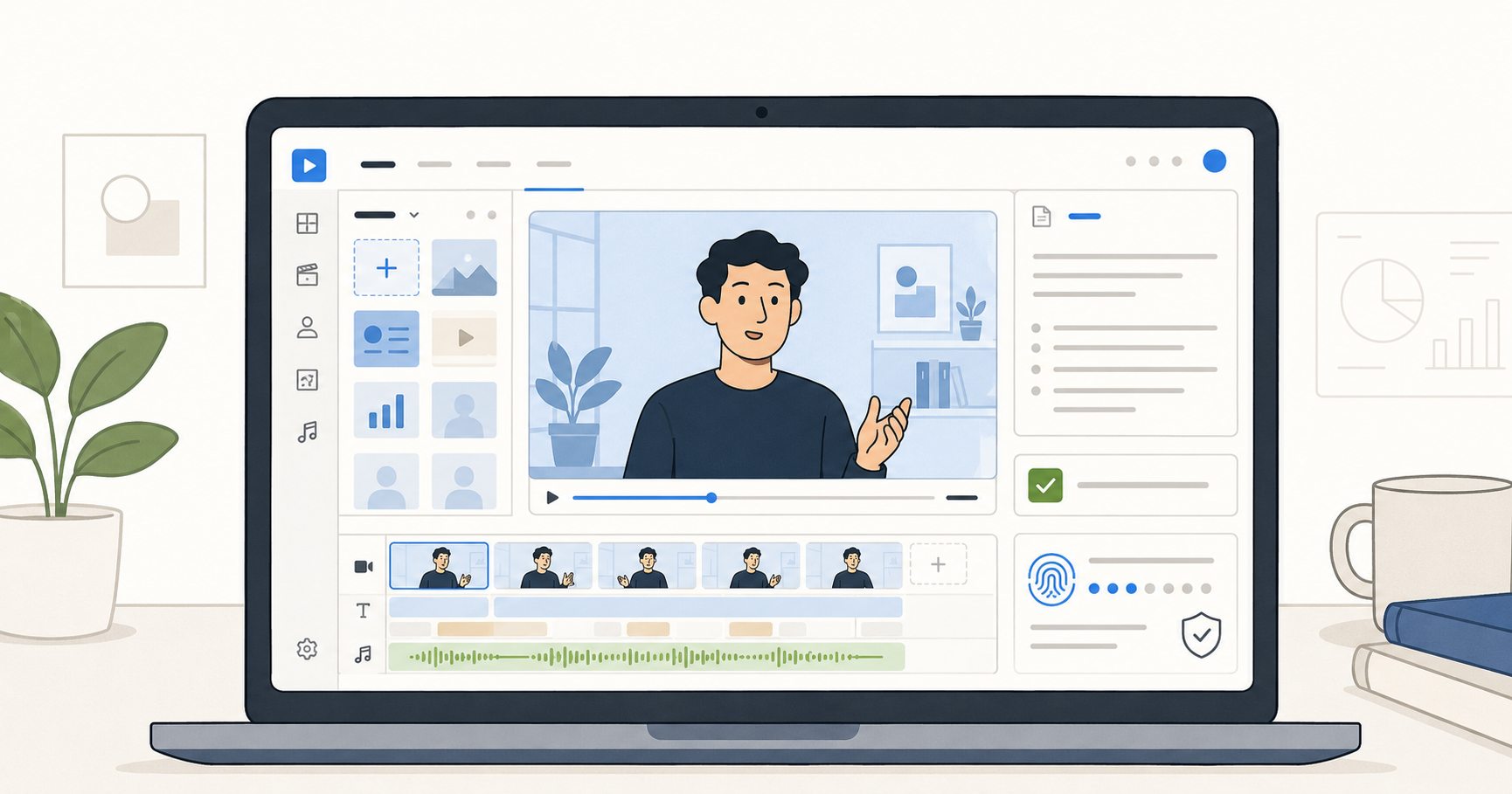 Google Vids-style editor showing a personal AI avatar with approval controls.