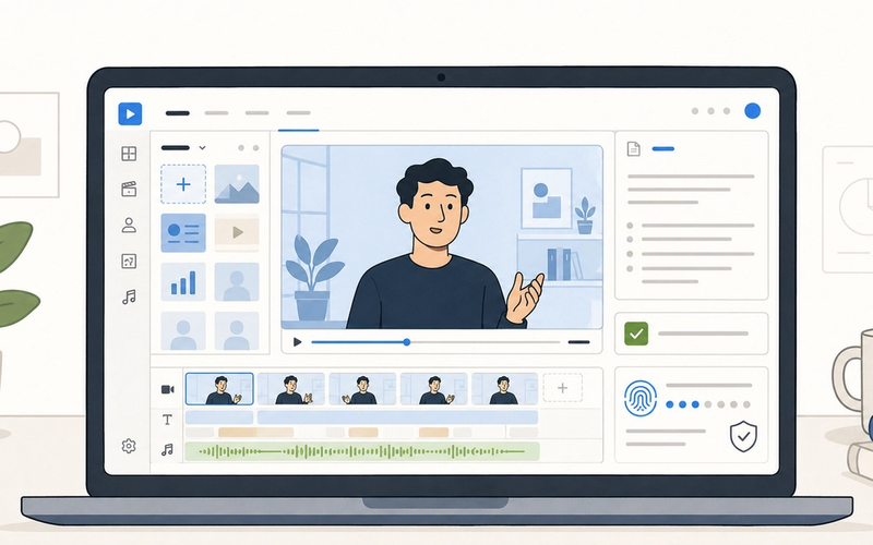 Google Vids-style editor showing a personal AI avatar with approval controls.