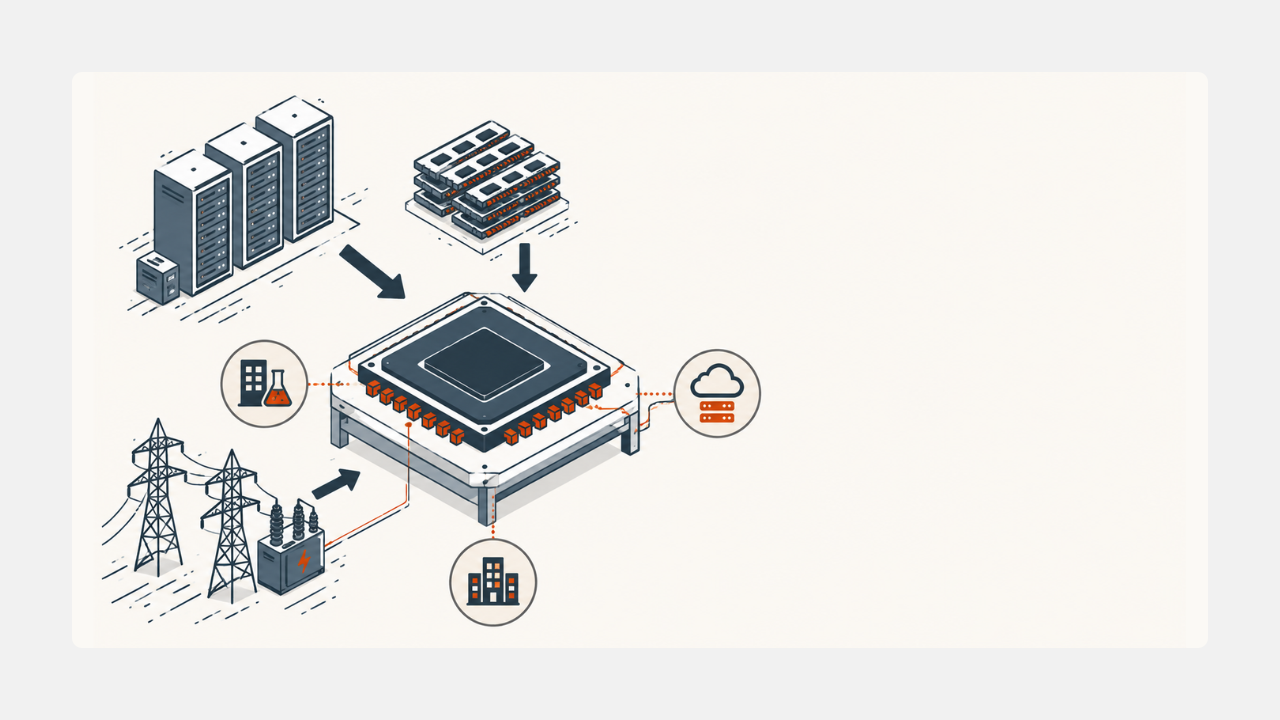 Editorial illustration of AI companies racing to control custom chip infrastructure.