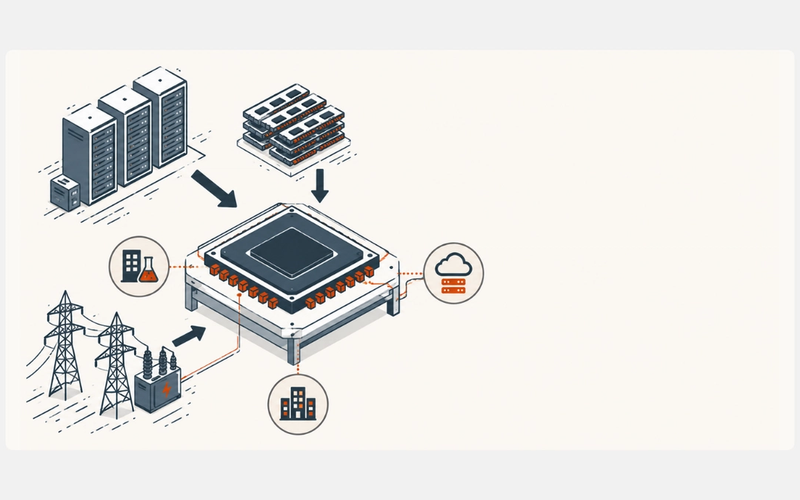 Editorial illustration of AI companies racing to control custom chip infrastructure.