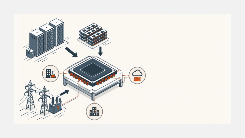 Editorial illustration of AI companies racing to control custom chip infrastructure.