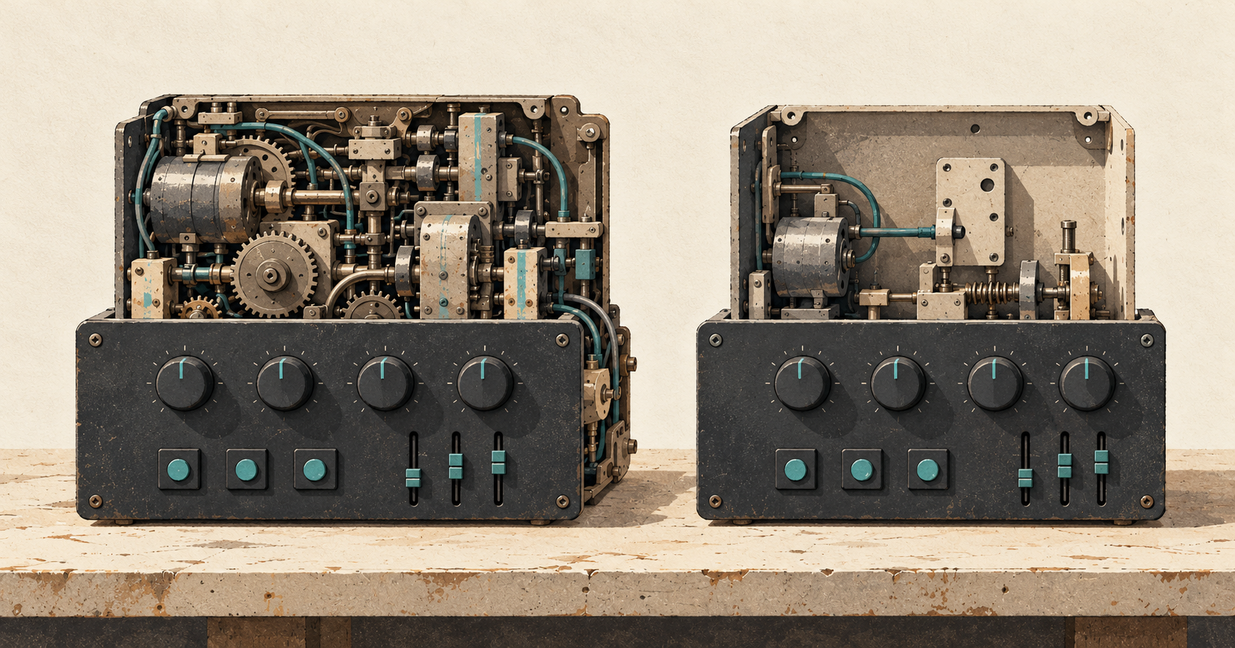Identical control panels reveal a mature mechanism behind one and an incomplete mechanism behind the other.