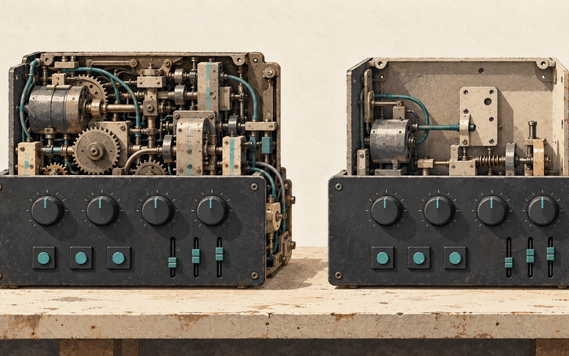 Identical control panels reveal a mature mechanism behind one and an incomplete mechanism behind the other.