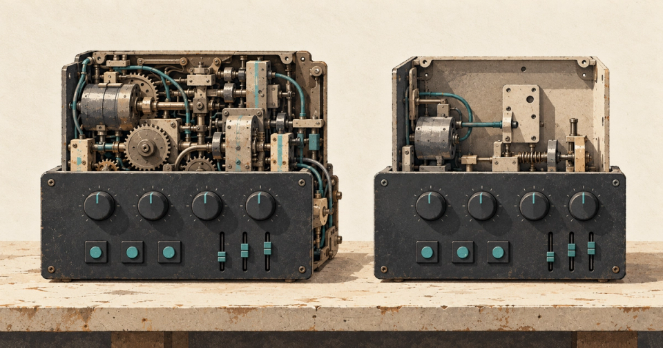 Identical control panels reveal a mature mechanism behind one and an incomplete mechanism behind the other.