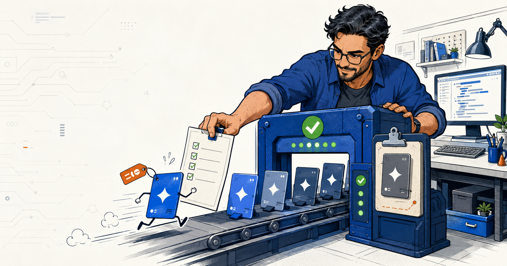 A developer guides rapidly changing AI model versions through a verification gate while keeping the previous version for comparison.