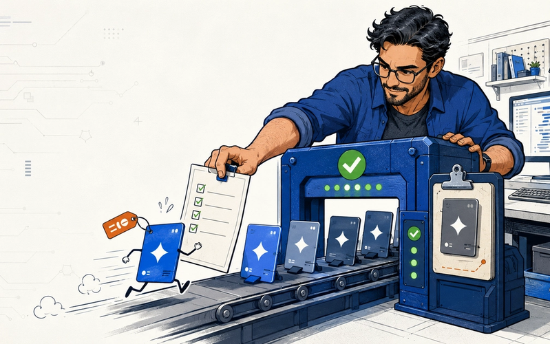 A developer guides rapidly changing AI model versions through a verification gate while keeping the previous version for comparison.