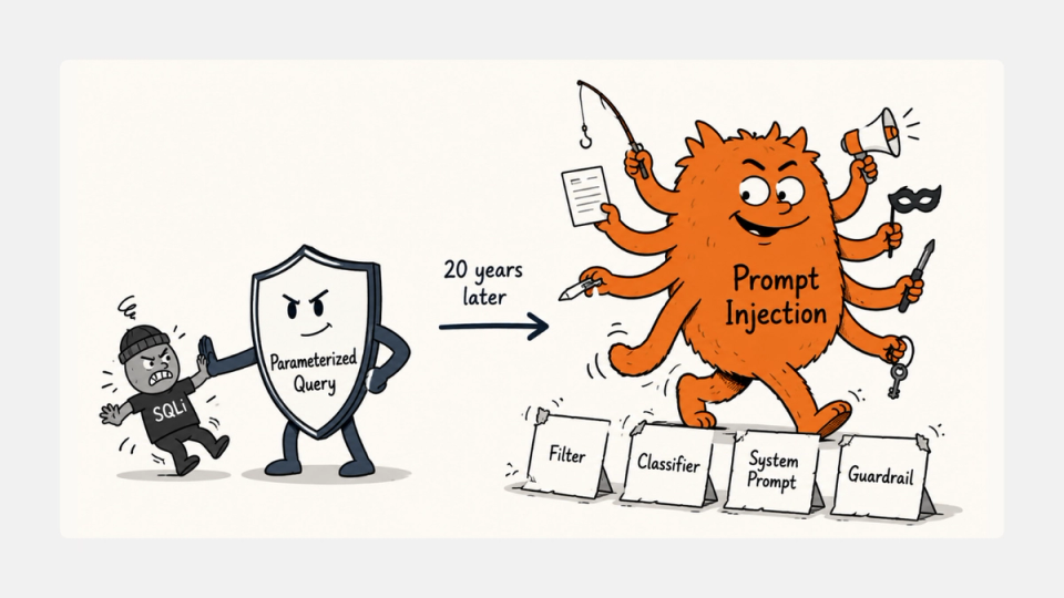 Editorial cartoon split scene: a parameterized-query shield blocks a small SQLi villain on the left while a many-armed Prompt Injection creature strolls past four flimsy paper fences labeled Filter, Classifier, System Prompt, Guardrail on the right.