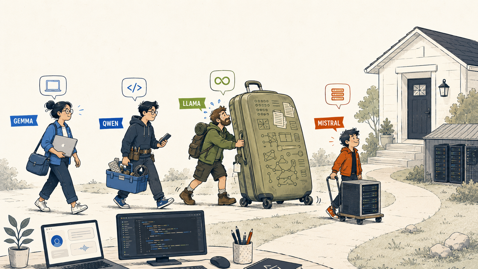 Four local AI model families shown as characters carrying different amounts of hardware, from a laptop to a full server rack.