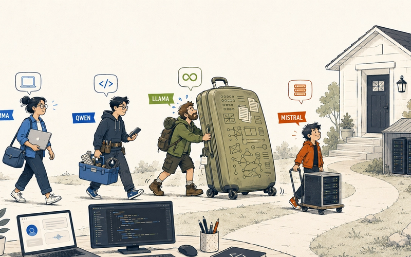 Four local AI model families shown as characters carrying different amounts of hardware, from a laptop to a full server rack.