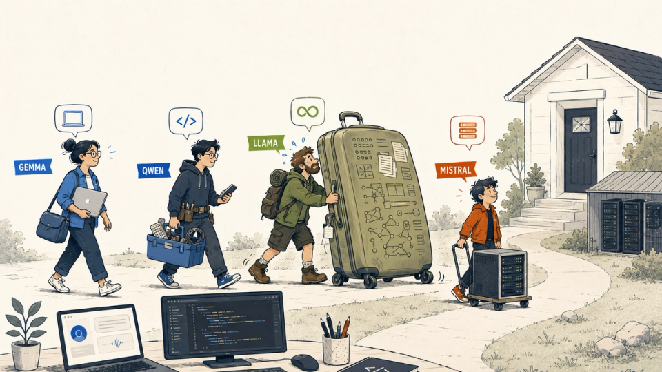 Four local AI model families shown as characters carrying different amounts of hardware, from a laptop to a full server rack.