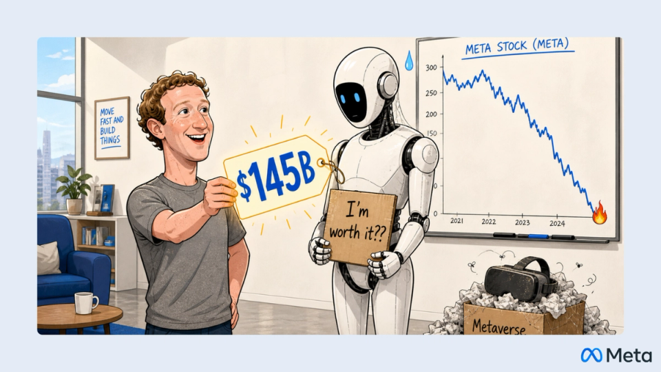 Mark Zuckerberg holding a $145B price tag next to a humanoid robot, illustrating Meta's 2026 capex bet on AI robotics