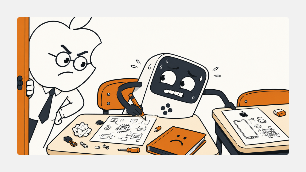 A meme-style cartoon of an AI gadget caught cheating off Apple's homework, symbolizing Apple's trade-secret lawsuit against OpenAI.