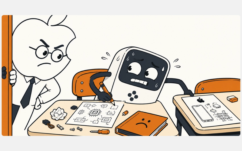 A meme-style cartoon of an AI gadget caught cheating off Apple's homework, symbolizing Apple's trade-secret lawsuit against OpenAI.