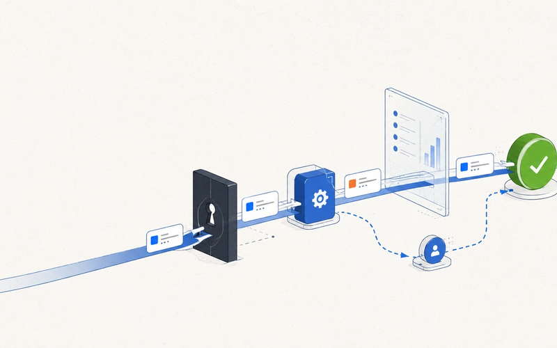 A cool, restrained editorial illustration of an AI agent workflow moving through three abstract control points: a dark policy gate before a tool, a transparent audit panel after the tool result, and a verification checkpoint after a delegated subagent. One clear agent path, attractive focal composition, broad premise rather than a literal diagram, warm off-white background #FAFAF7, flat 2D technical editorial style, palette #1F2937, #475569, #2563EB, #65A30D, #C2410C. Generous whitespace on the left for title overlay, clear silhouette at small card size, 16:9, 1200x630. No readable text, gradients, neon glow, purple, logos, screenshots, generic robots, dark cyberpunk backgrounds, decorative blobs, or clutter.