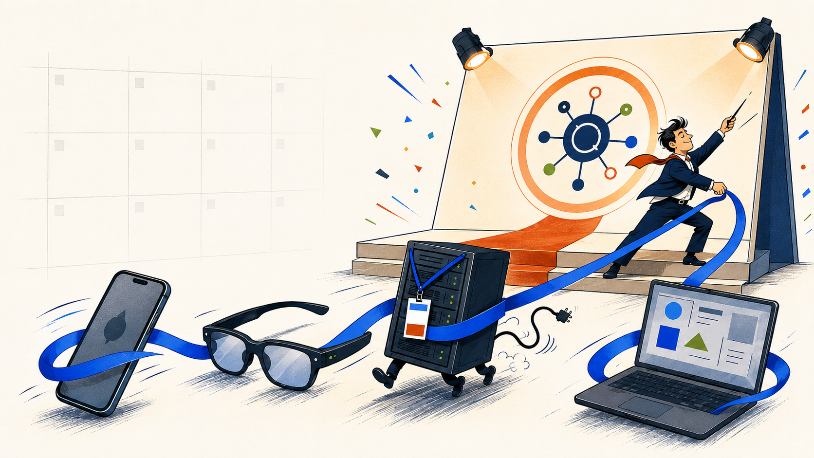 A September calendar stage connects a smartphone, smart glasses, AI server rack, and developer terminal.