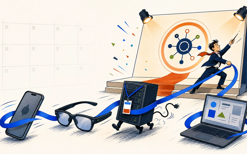A September calendar stage connects a smartphone, smart glasses, AI server rack, and developer terminal.