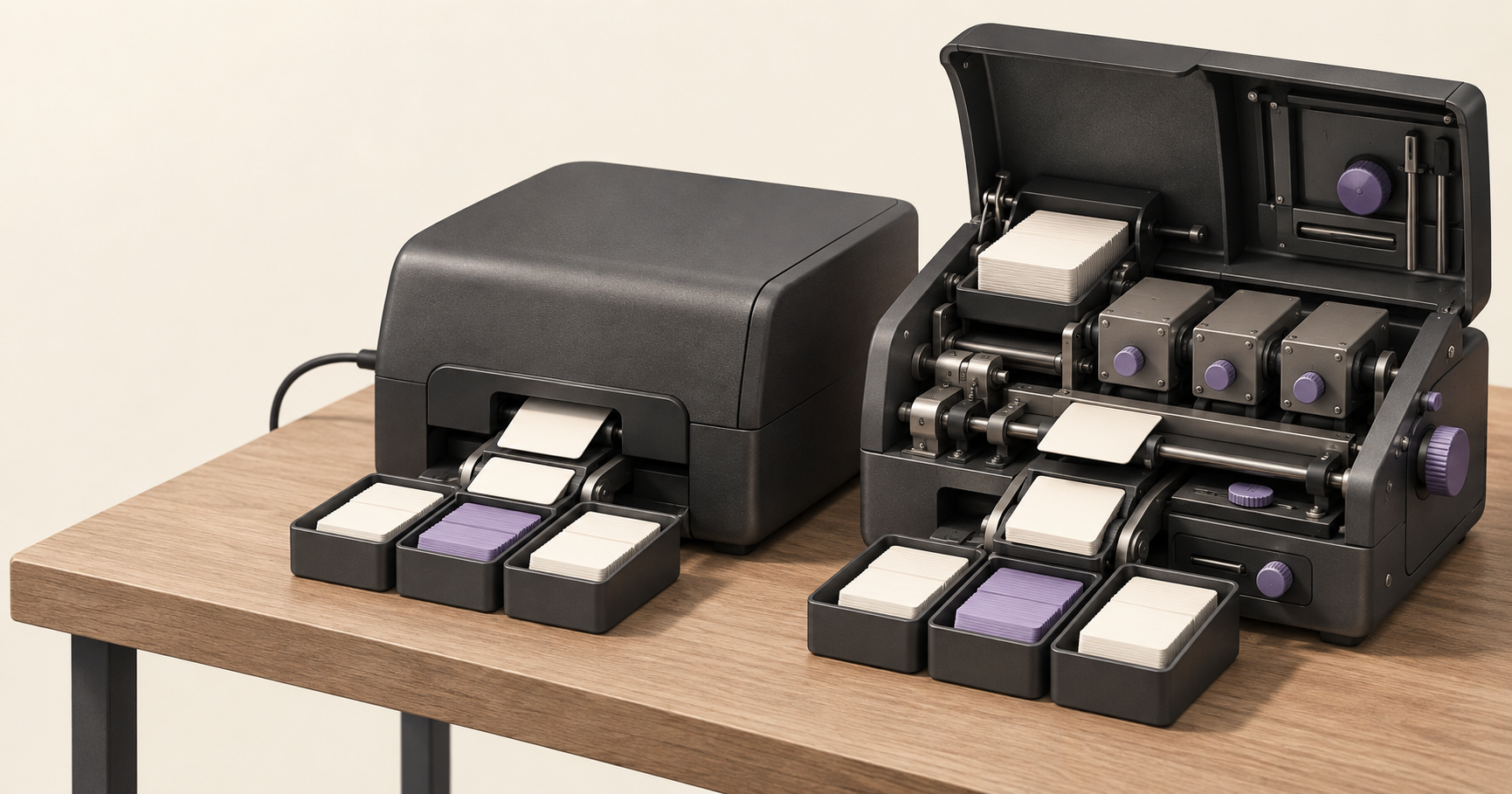 Stylized 3D illustration of two card-sorting machines on a shared workbench, with one sealed managed-service machine beside an open modular machine showing adjustable components for local control.