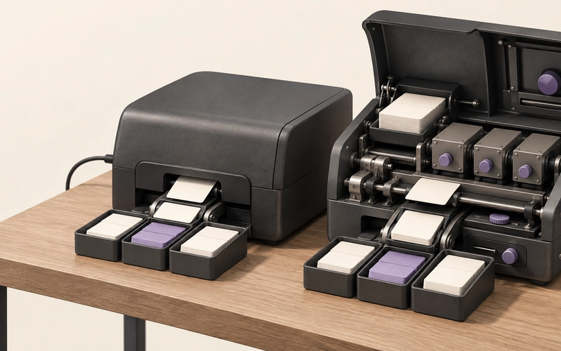 Stylized 3D illustration of two card-sorting machines on a shared workbench, with one sealed managed-service machine beside an open modular machine showing adjustable components for local control.