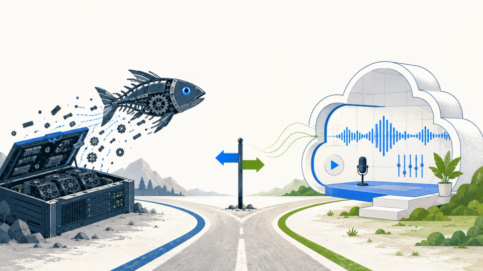 An open GPU-based voice model and a hosted audio platform shown as competing paths between control and convenience.