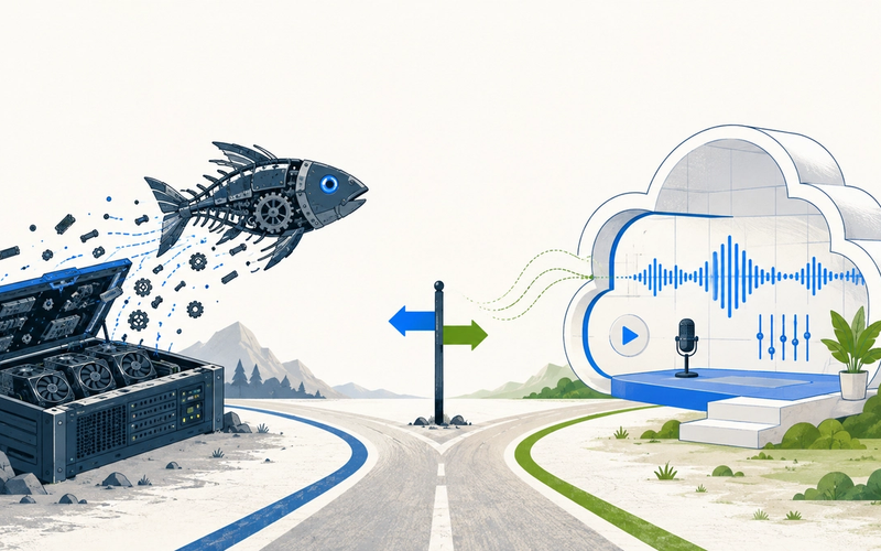 An open GPU-based voice model and a hosted audio platform shown as competing paths between control and convenience.