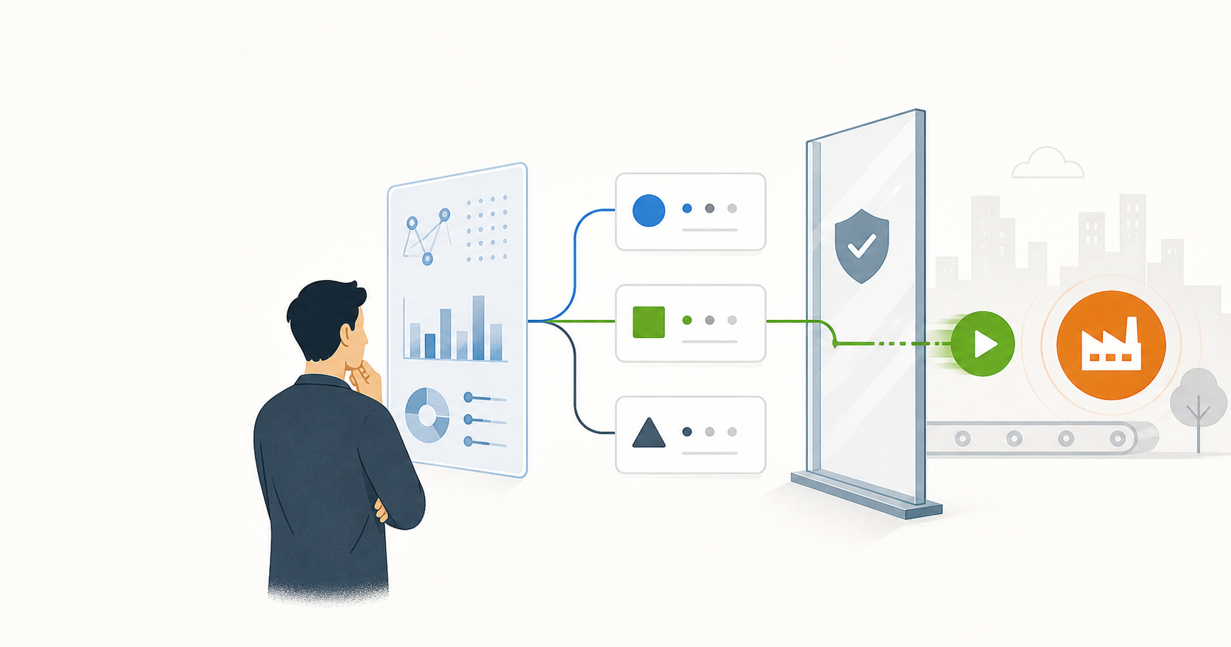 A human reviews AI-generated options on one side while an automated system crosses a permission gate to trigger an action on the other.