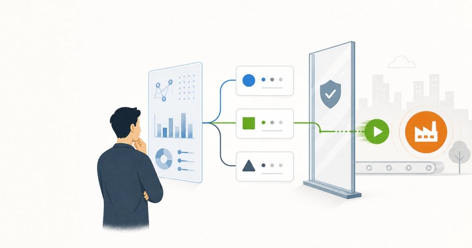 A human reviews AI-generated options on one side while an automated system crosses a permission gate to trigger an action on the other.