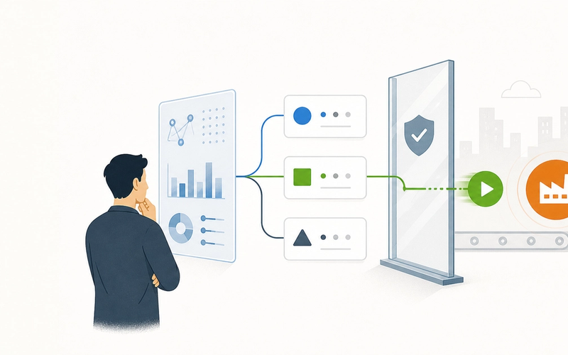 A human reviews AI-generated options on one side while an automated system crosses a permission gate to trigger an action on the other.