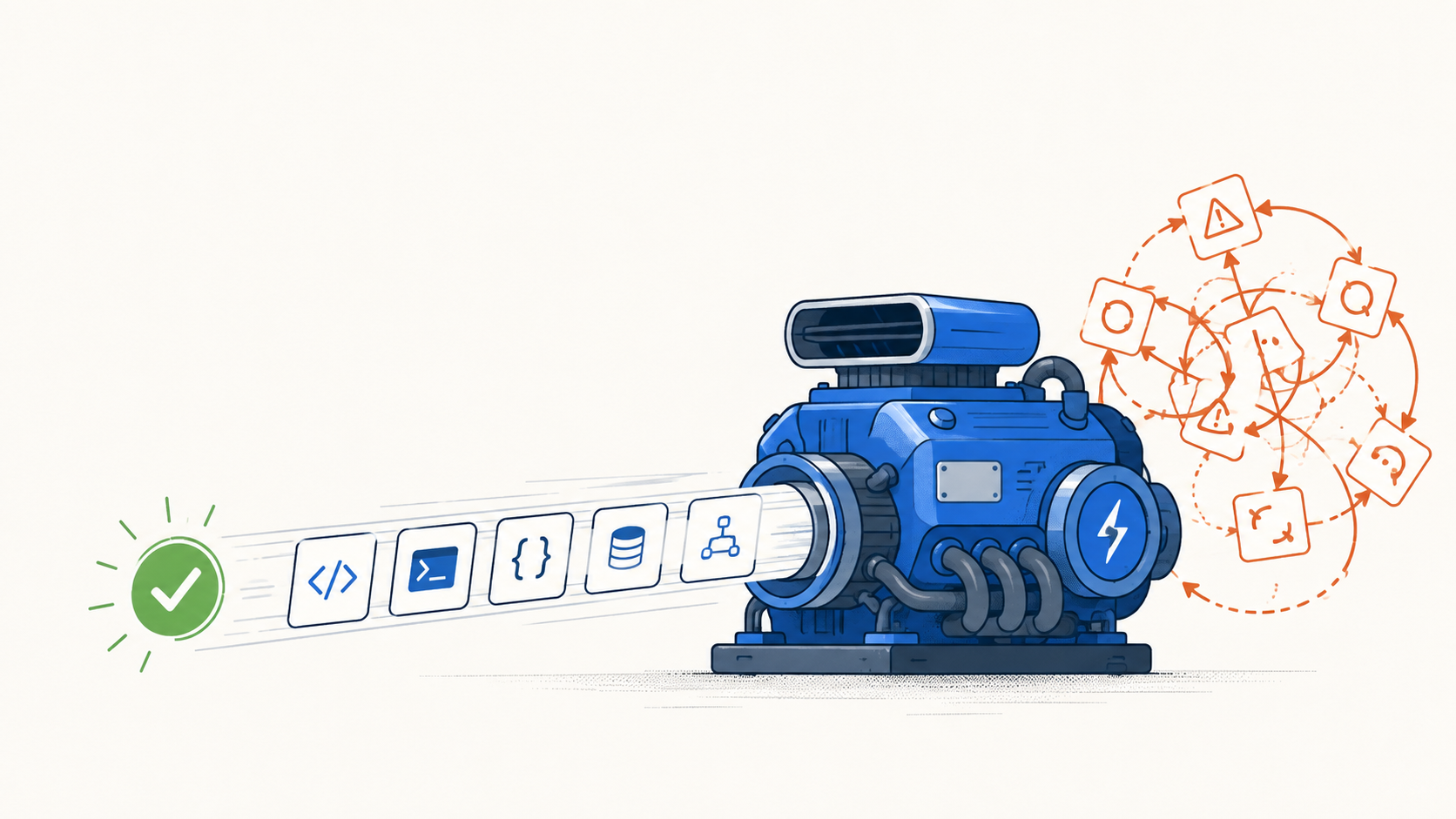 A compact AI workhorse sends tool calls toward a verified result while an orange retry loop suggests hidden agent costs.