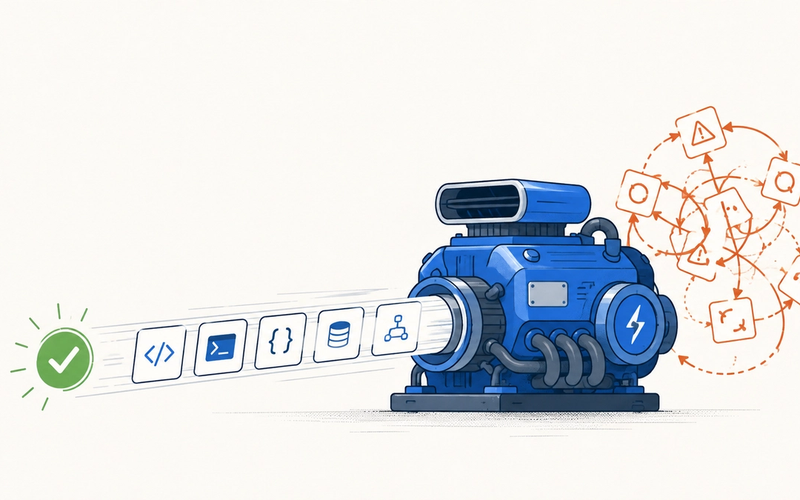 A compact AI workhorse sends tool calls toward a verified result while an orange retry loop suggests hidden agent costs.