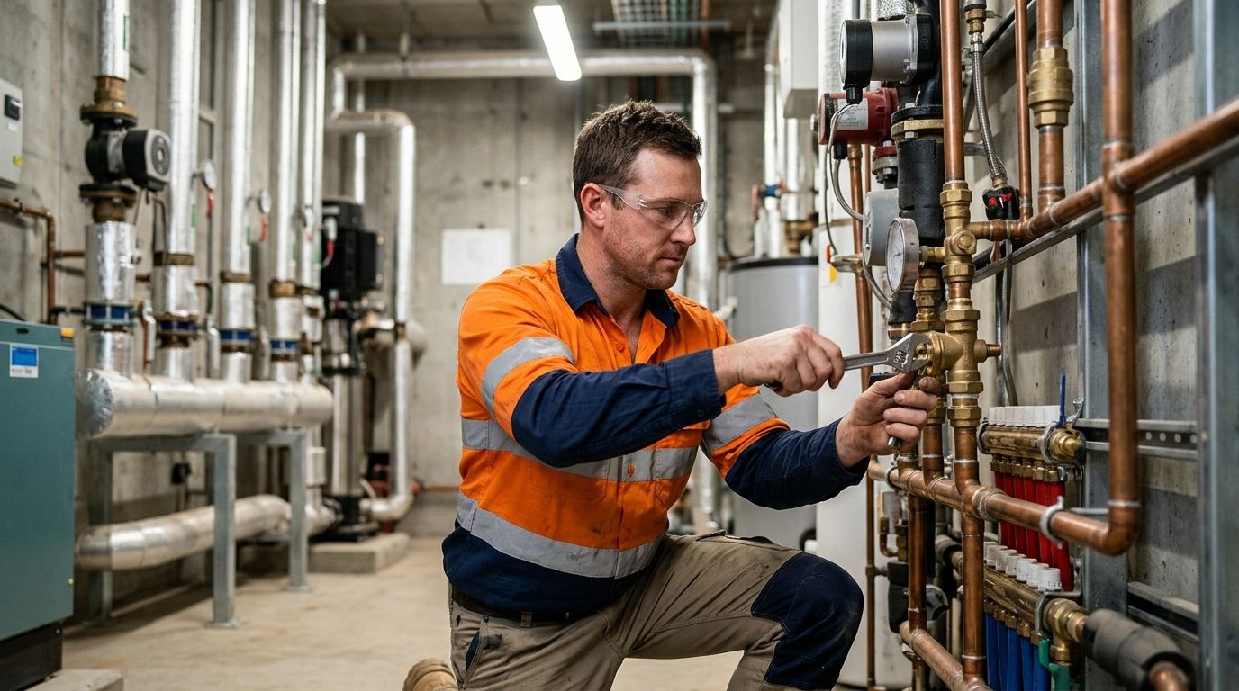 An experienced Australian plumber inspecting a complex commercial pipework installation on a work site