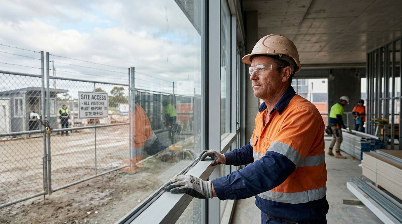 Experienced Australian glazier looking through a double-glazed window panel on a commercial construction site