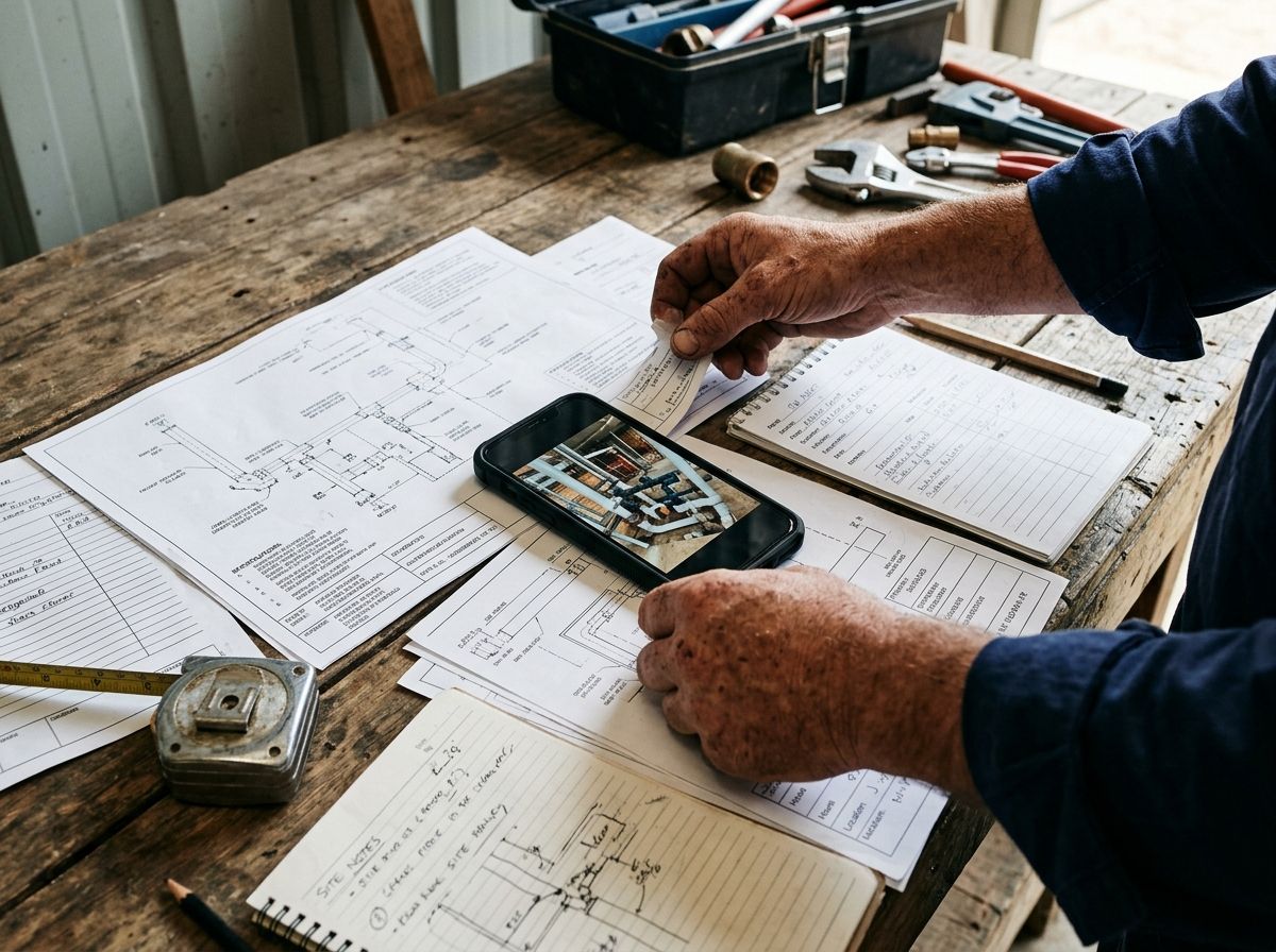 Close-up of a plumber's hands organizing photos of physical work and schematics as evidence for RPL.