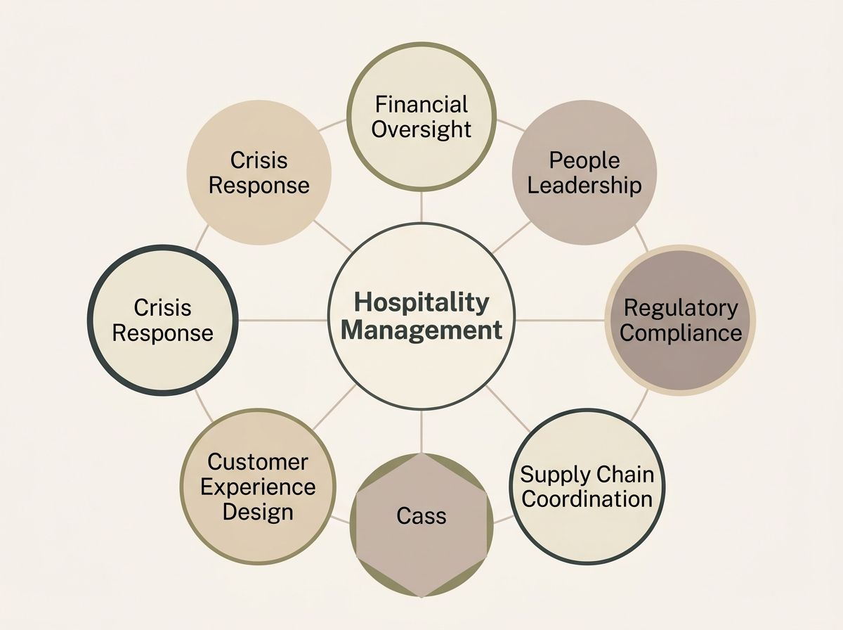 Diagram illustrating the six core operational domains managed daily by hospitality professionals