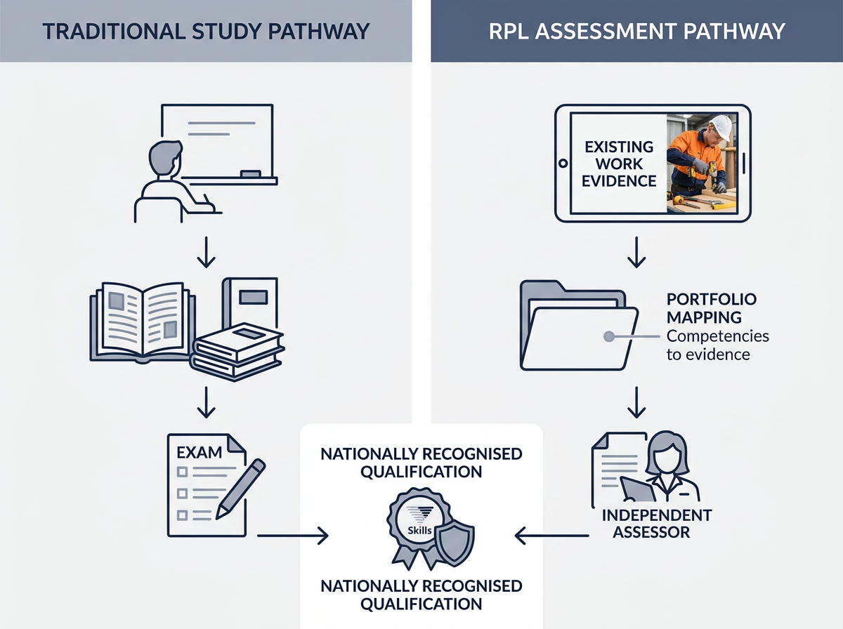 Diagram comparing the traditional study pathway with the RPL assessment pathway, both leading to a recognised qualification.