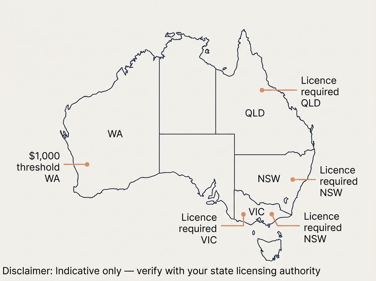 Diagram of Australia showing painting license thresholds and prerequisites by state.