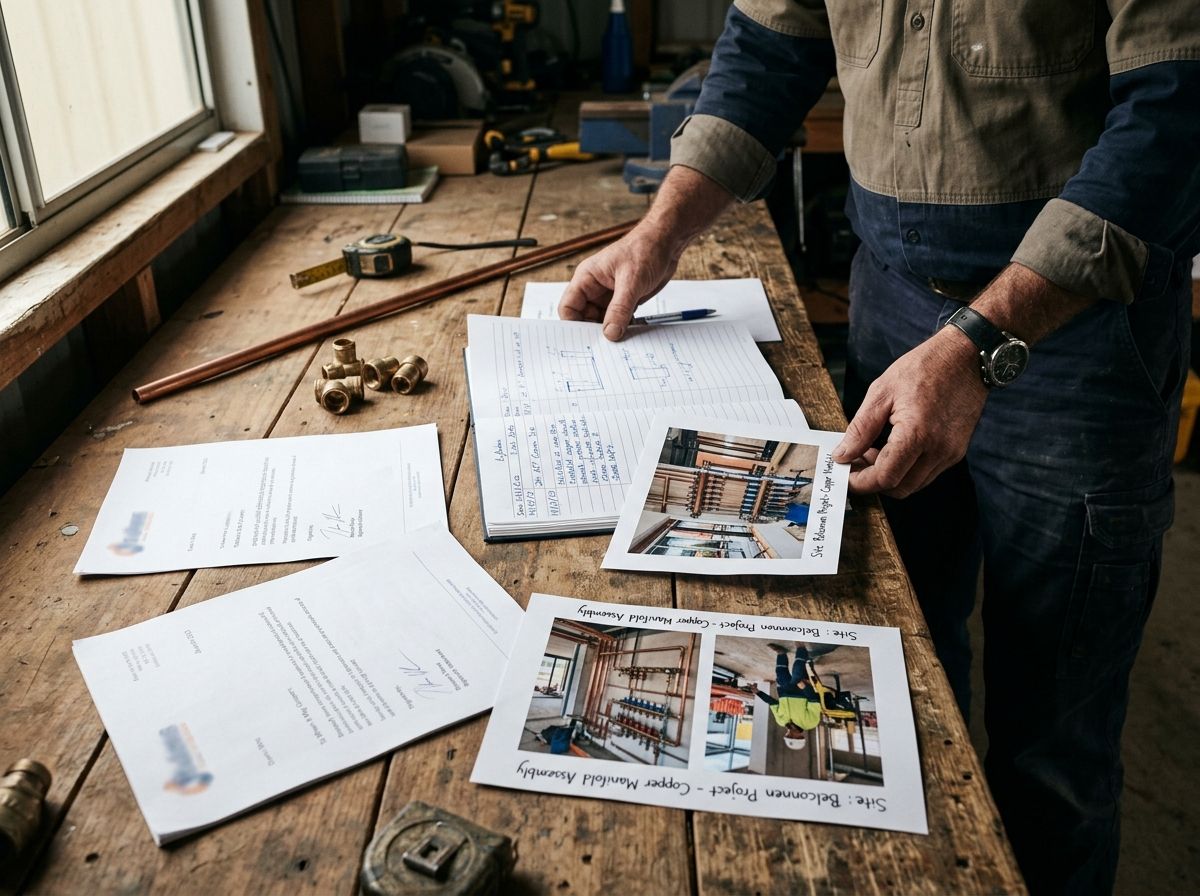 An experienced plumber compiling an RPL evidence portfolio with work photos and logs