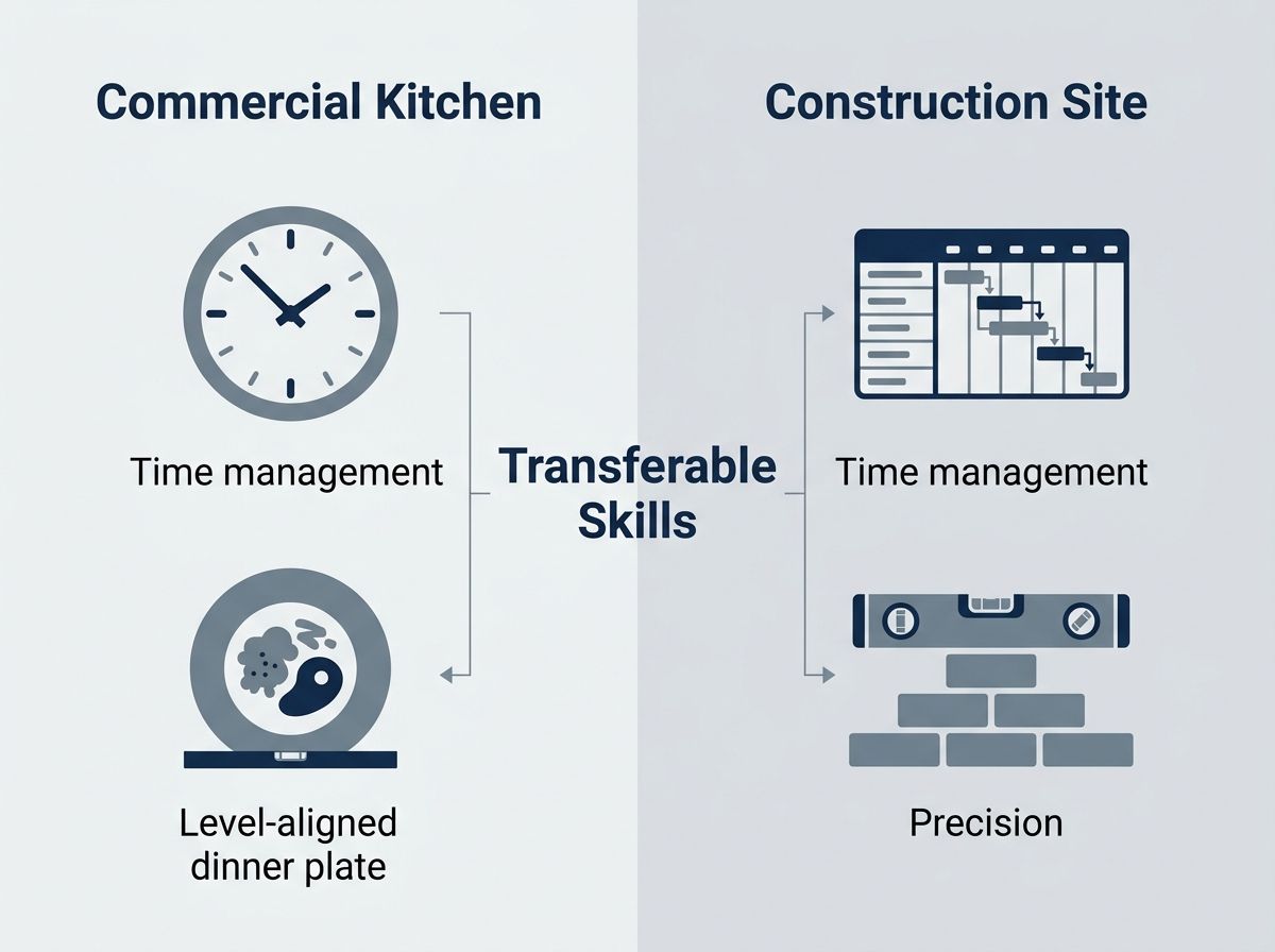 Diagram mapping transferable skills like time management and precision from commercial kitchens to construction.