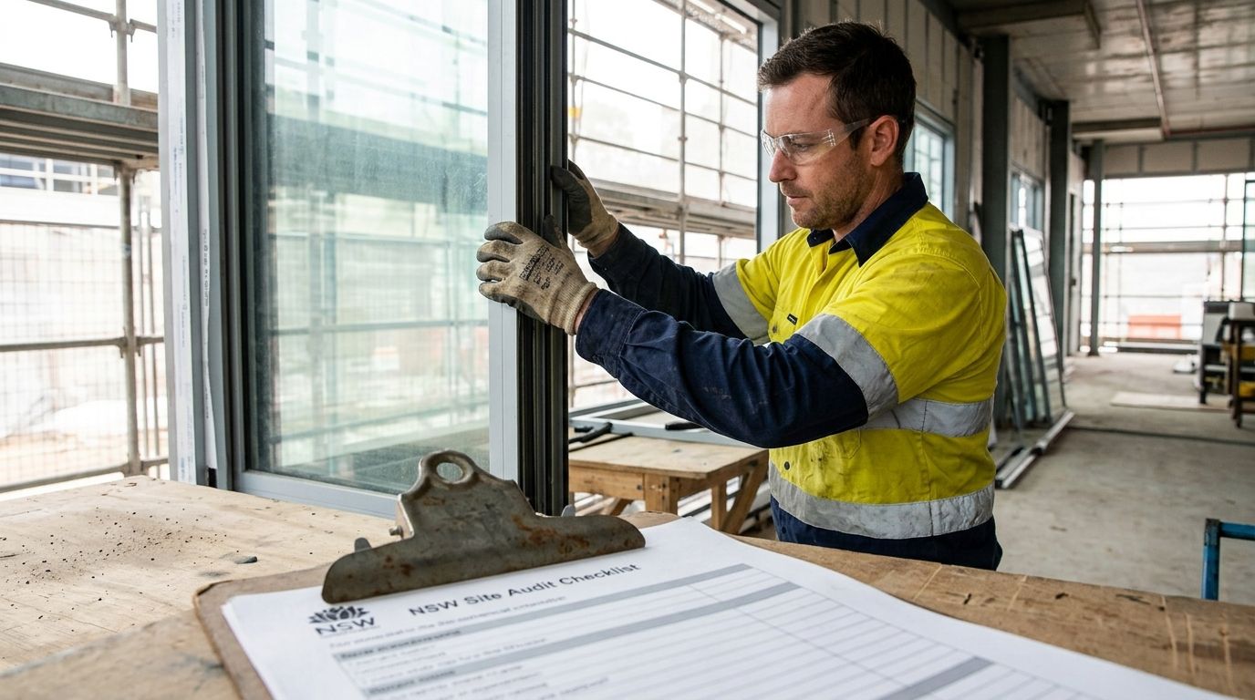 An experienced NSW glazier installing glass on site, with a compliance checklist in the soft-focused foreground