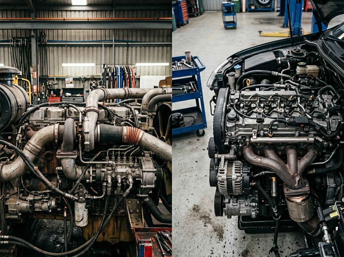 Side-by-side comparison of a heavy-duty industrial engine and a light vehicle passenger car engine bay.