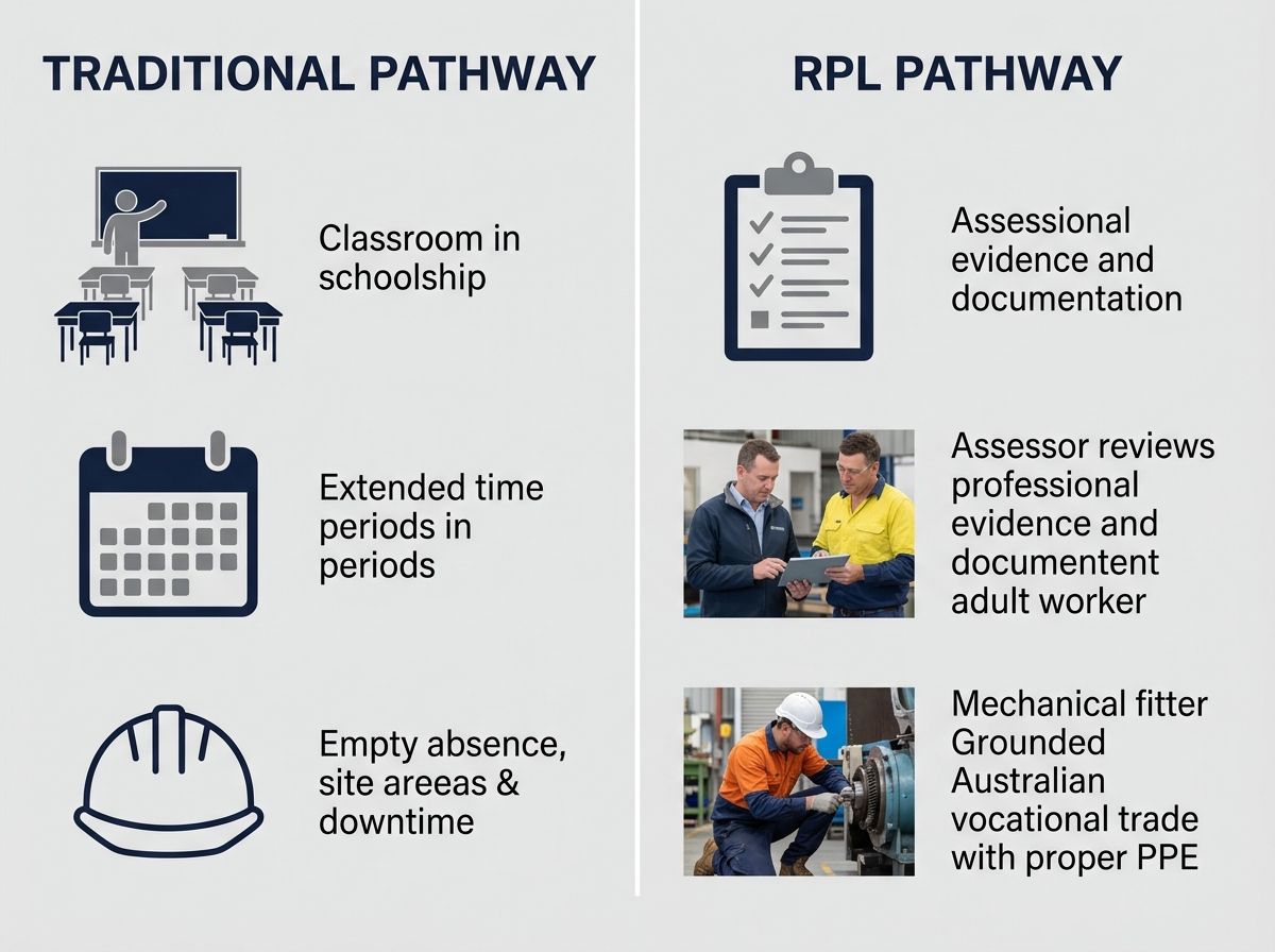 Comparison diagram showing traditional training pathway versus the RPL pathway for mechanical fitters.