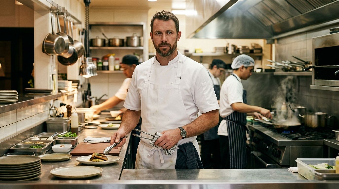 An experienced Australian chef in clean white uniform standing at a busy commercial kitchen pass.