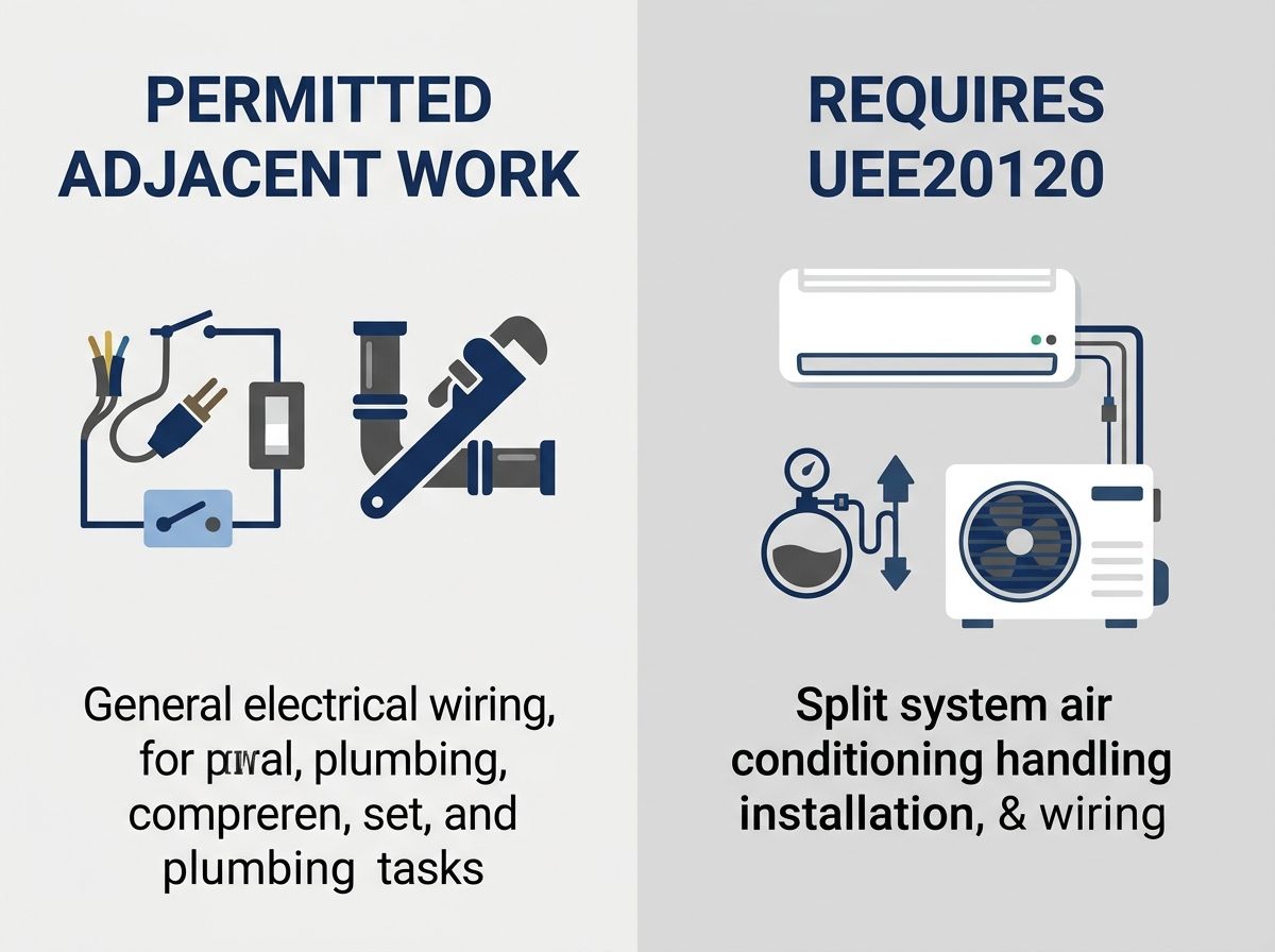 Diagram comparing general electrical and plumbing work against split system installations requiring UEE20120.