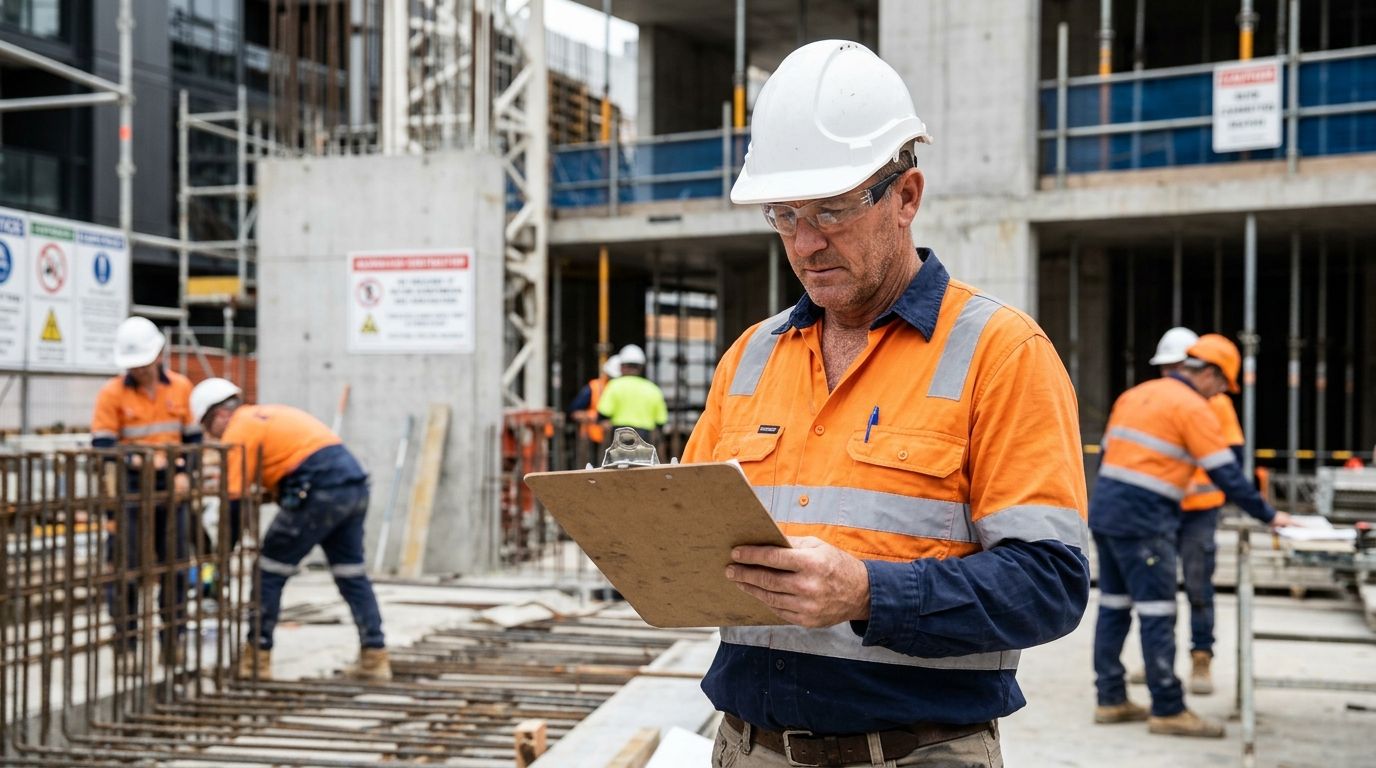 Experienced NSW construction supervisor reviewing compliance documents on an active site