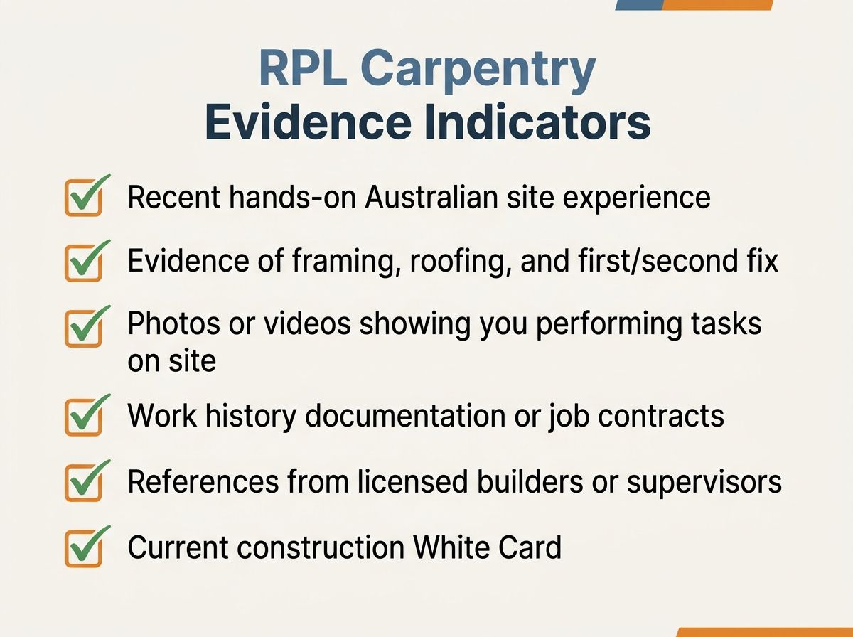 Checklist of carpentry evidence indicators required for a CPC30220 RPL assessment.