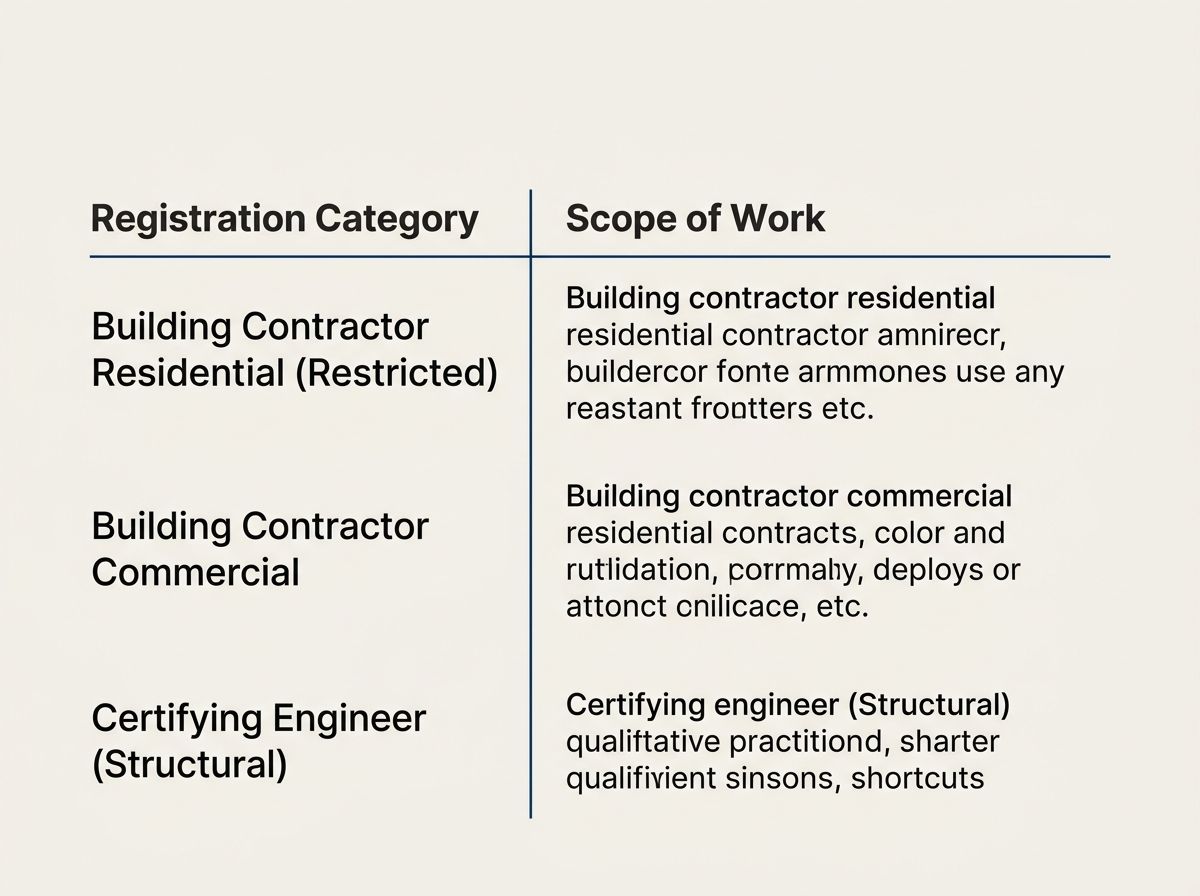 Table of NT building practitioner registration categories and permitted scope of work