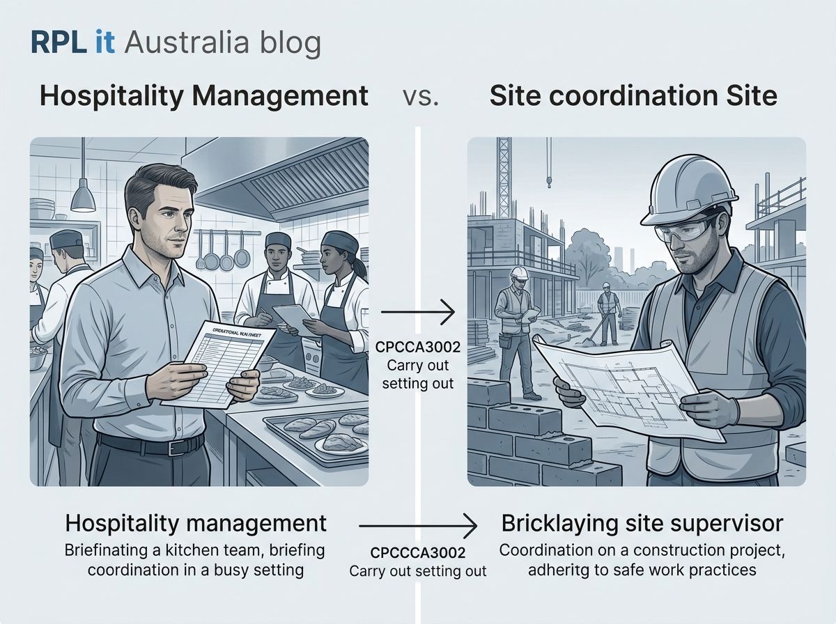 Comparative diagram mapping restaurant management coordination to CPCCCA3002 setting out unit.