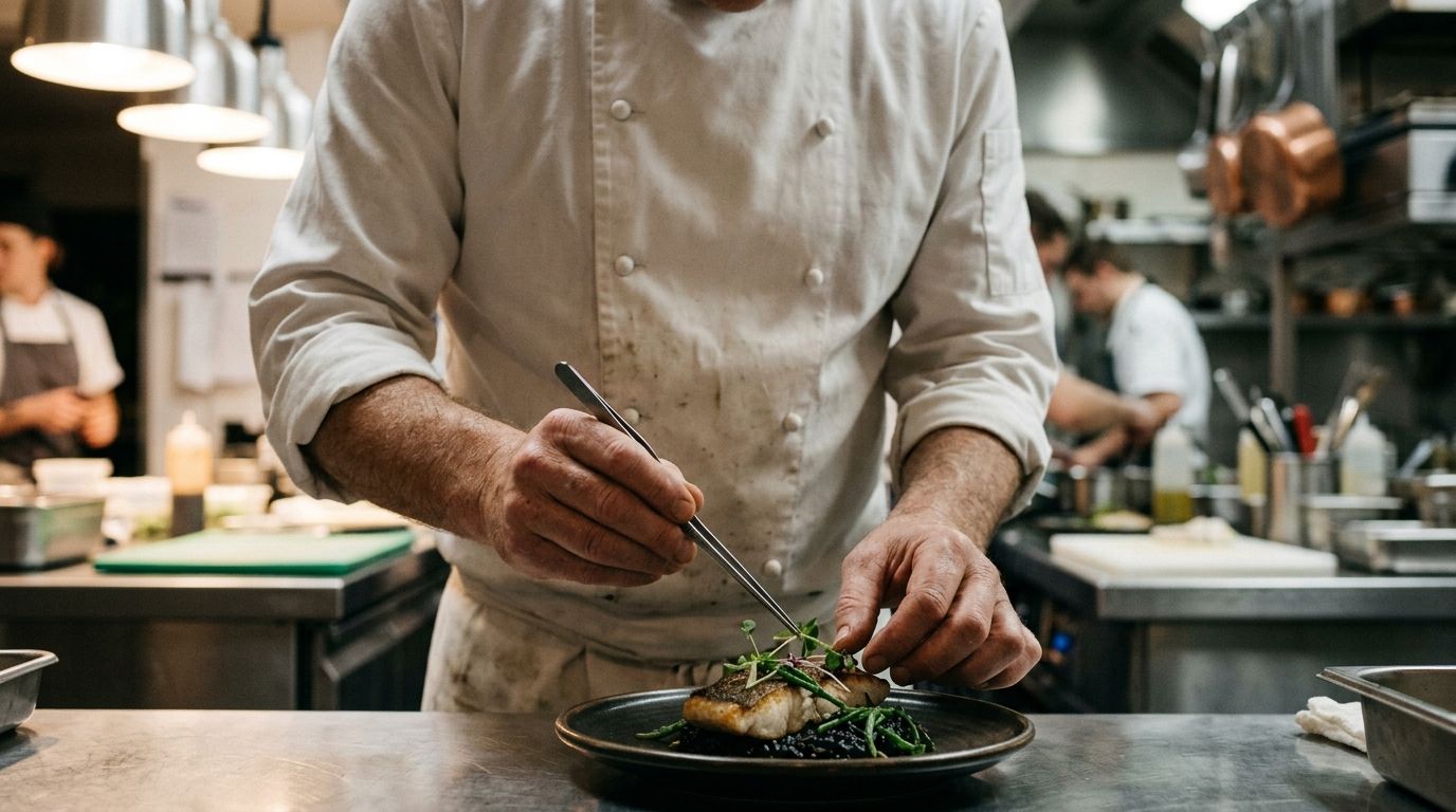 Experienced chef's hands plating a dish in a professional kitchen — skilled work without formal recognition