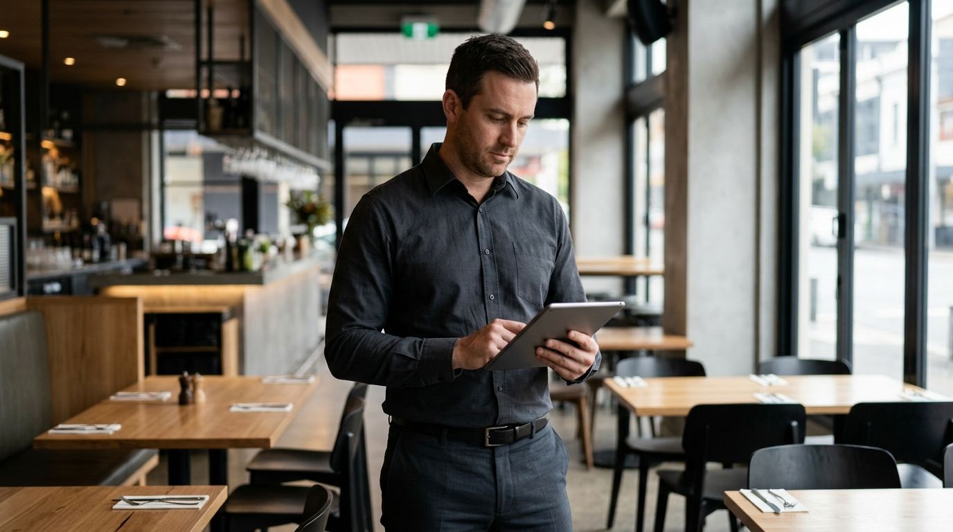 Hospitality venue manager in smart business-casual standing in an Australian restaurant looking at a tablet.