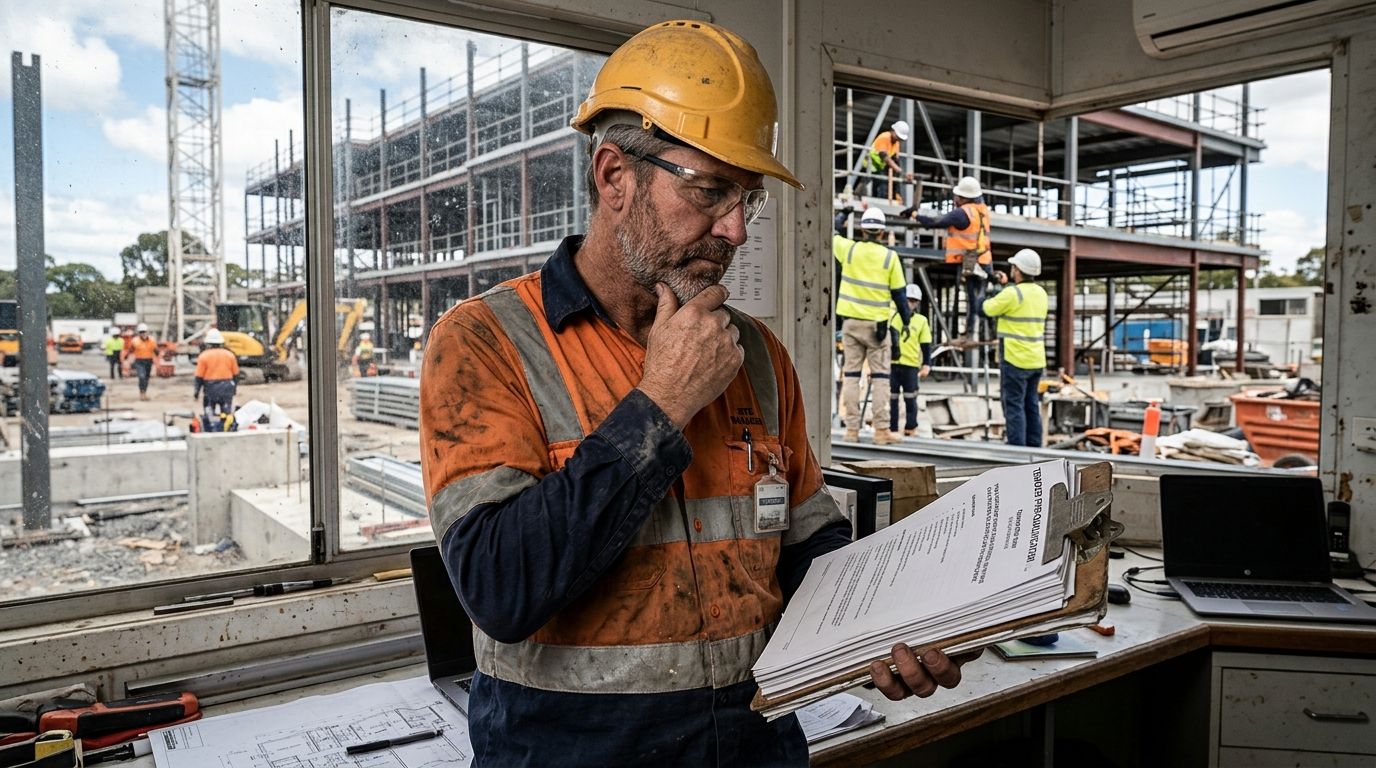 South Australian site manager reviewing commercial tender requirements with tradespeople working in the background